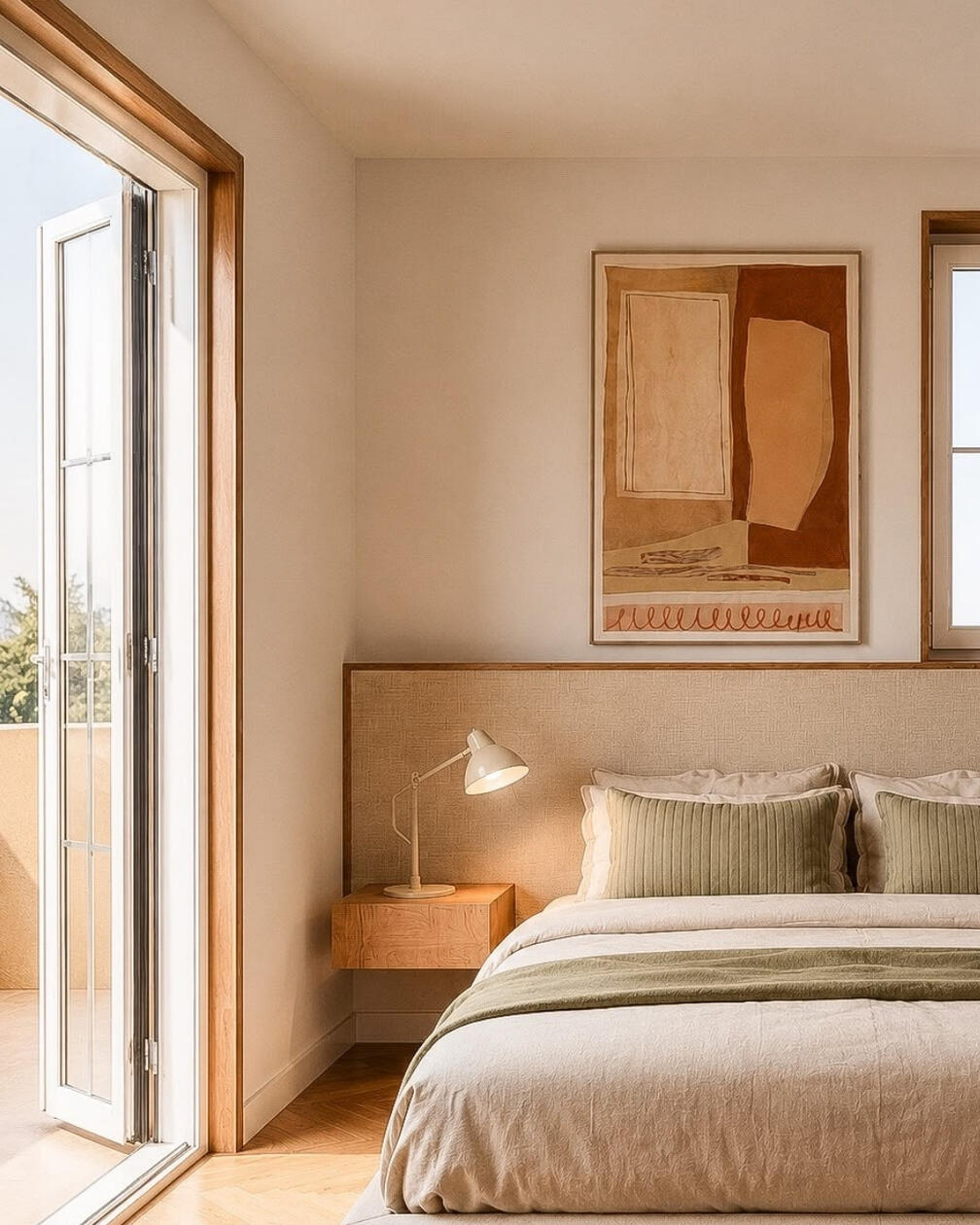Quarto com cabeceira em fibra natural, cama com roupa de cama bege, mesa de cabeceira em madeira, candeeiro e obra de arte na parede. Quarto com cabeceira em fibra natural, cama com roupa de cama bege, mesa de cabeceira em madeira, candeeiro e obra de arte na parede.