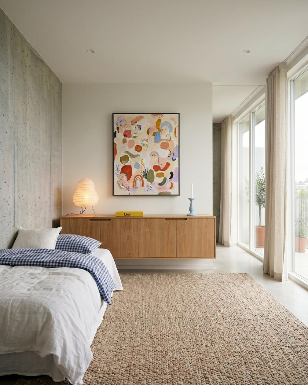 Um quarto sereno, onde a madeira e os têxteis criam uma sensação de conforto e continuidade. Quarto com cama de roupa de cama branca e azul, cabeceira integrada, móvel de madeira, candeeiro de mesa e obra de arte colorida.