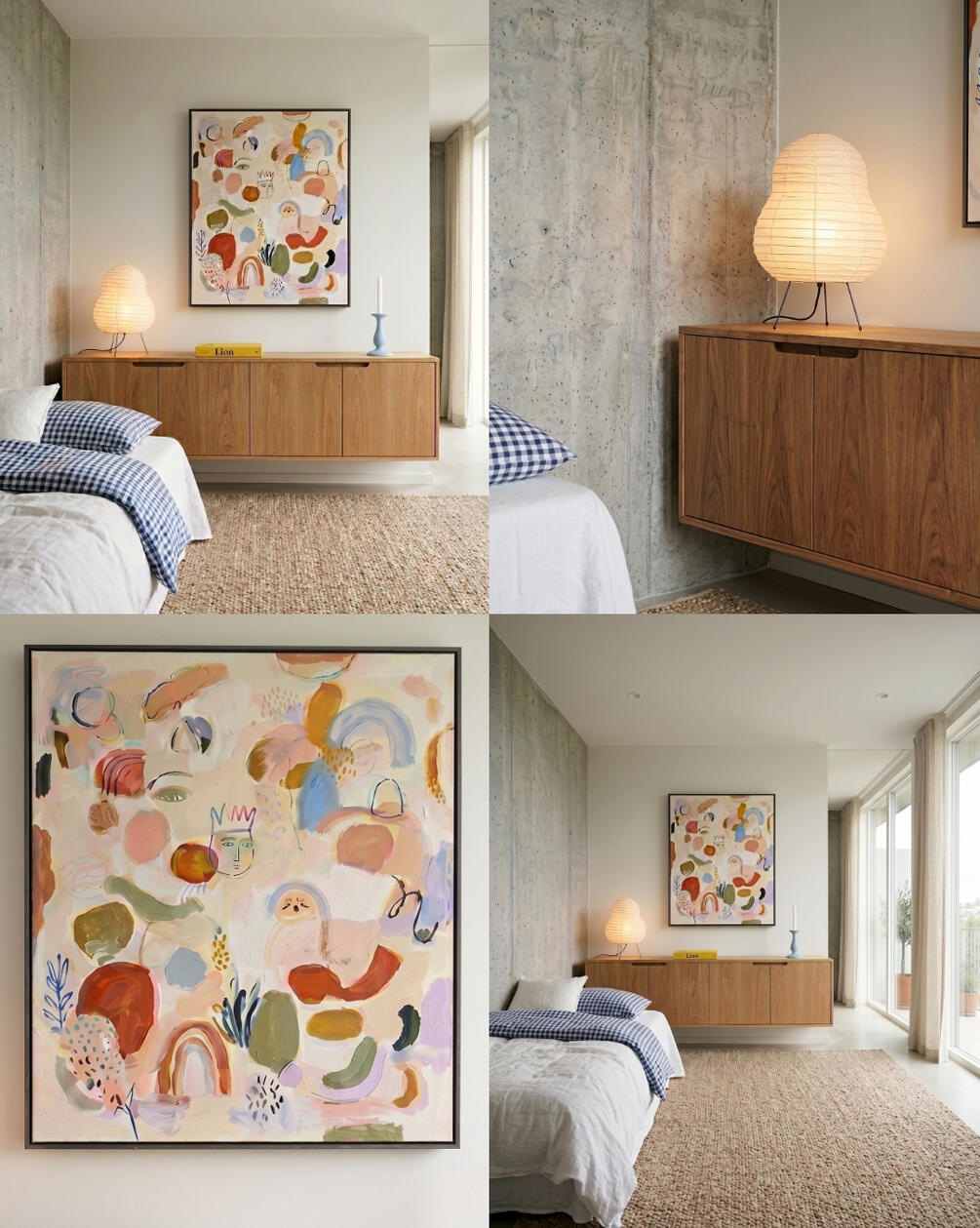 Uma composição de materiais naturais, tons suaves e detalhes cuidadosamente escolhidos para um quarto de criança. Quarto com cama de roupa de cama branca e azul, mobiliário em madeira, iluminação quente e composição de obras de arte e objetos decorativos.