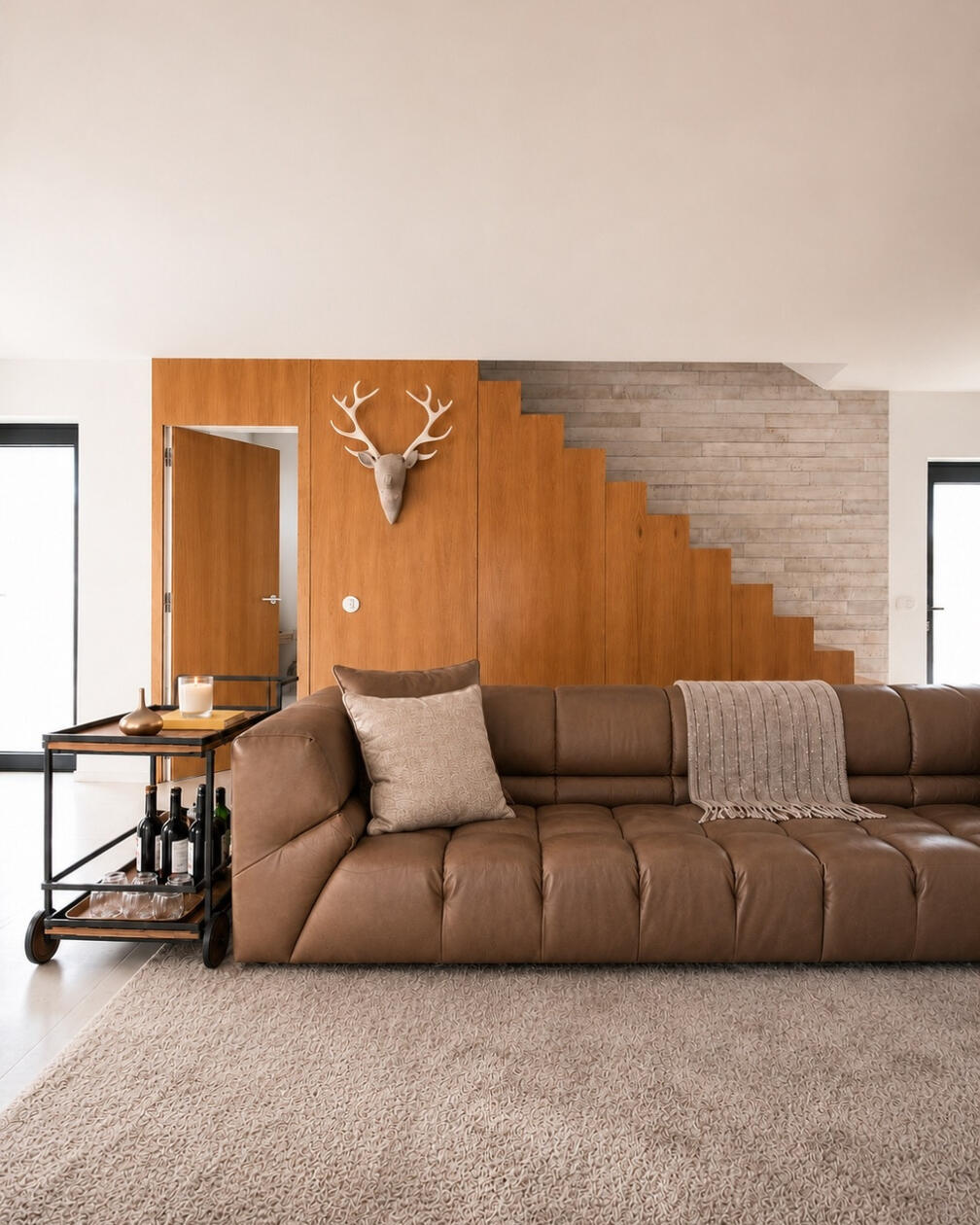 Uma intervenção marcada pela madeira, que transforma a escada num elemento arquitectónico e escultórico. Sala de estar com sofá em pele castanha, escada revestida a madeira, parede em pedra e televisão integrada no ambiente.